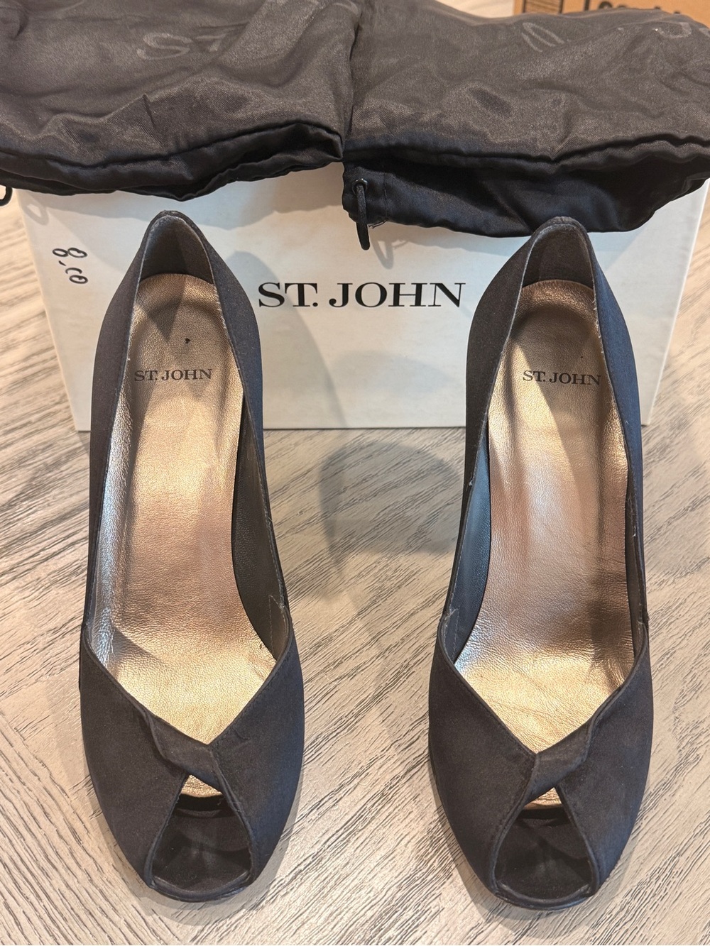 St. John Black Satin Peep-Toe Heels – Elegant Designer Pumps